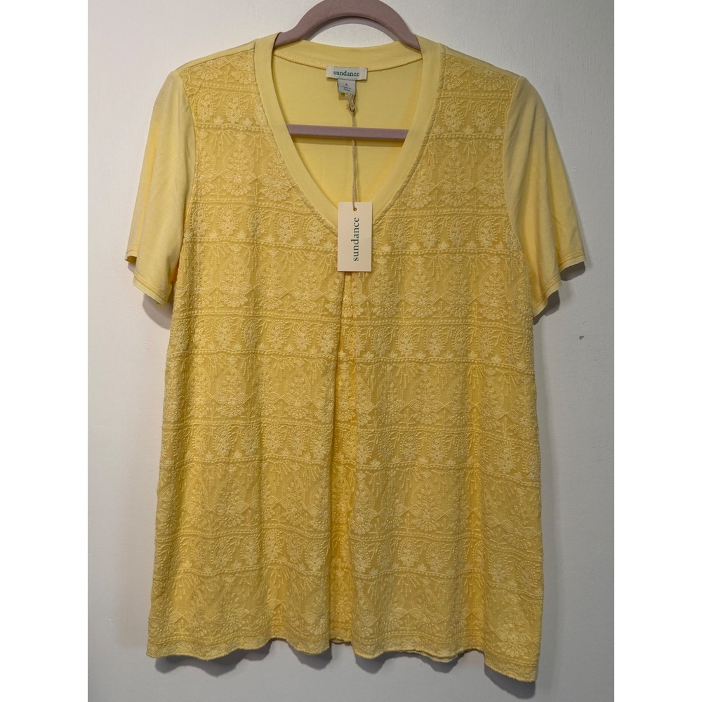 Sundance Yellow Silk Embroidered V-Neck Short Sleeve Top Small Boho RN106205